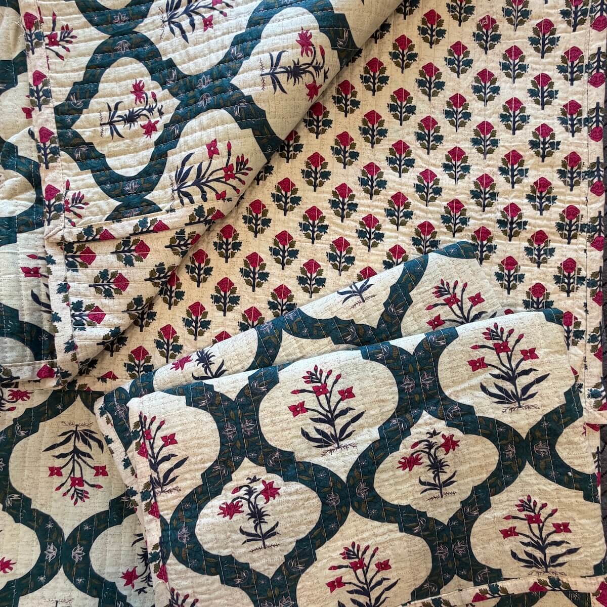 Gulpari Jaipur-Block Printed- 100% Cotton -  Bed Cover-Quilt-King Size Cream-Green 100" x 108"
