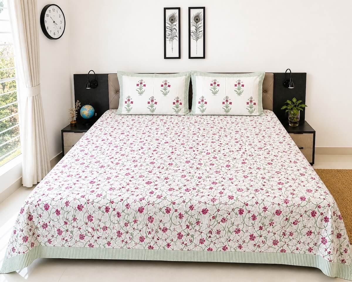 White pink jaal vine Jaipur block printed cotton king size bed sheet set styled on bed 108x108 inch