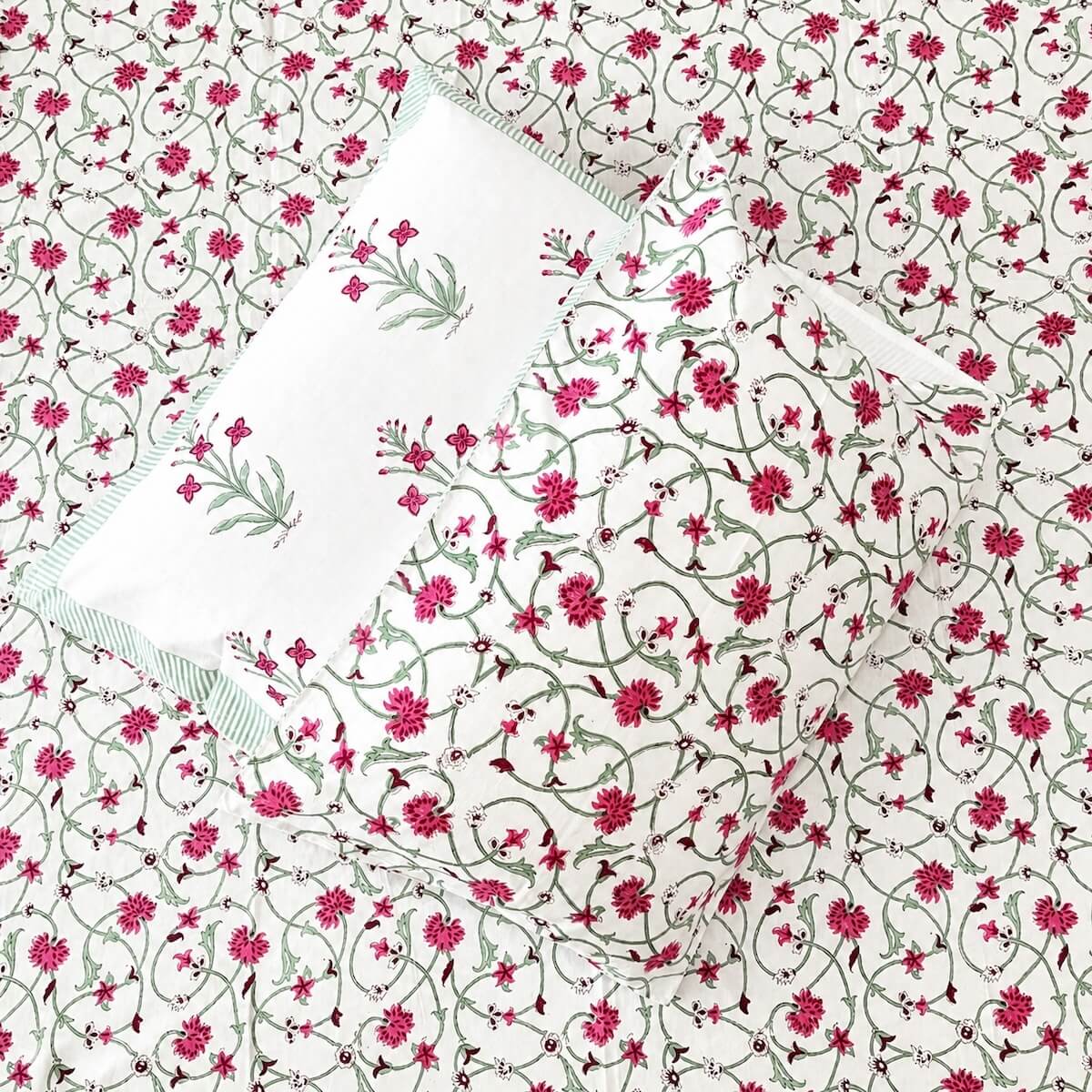 White pink jaal vine block print cotton pillow cover 17x27 inch matching king bed sheet set