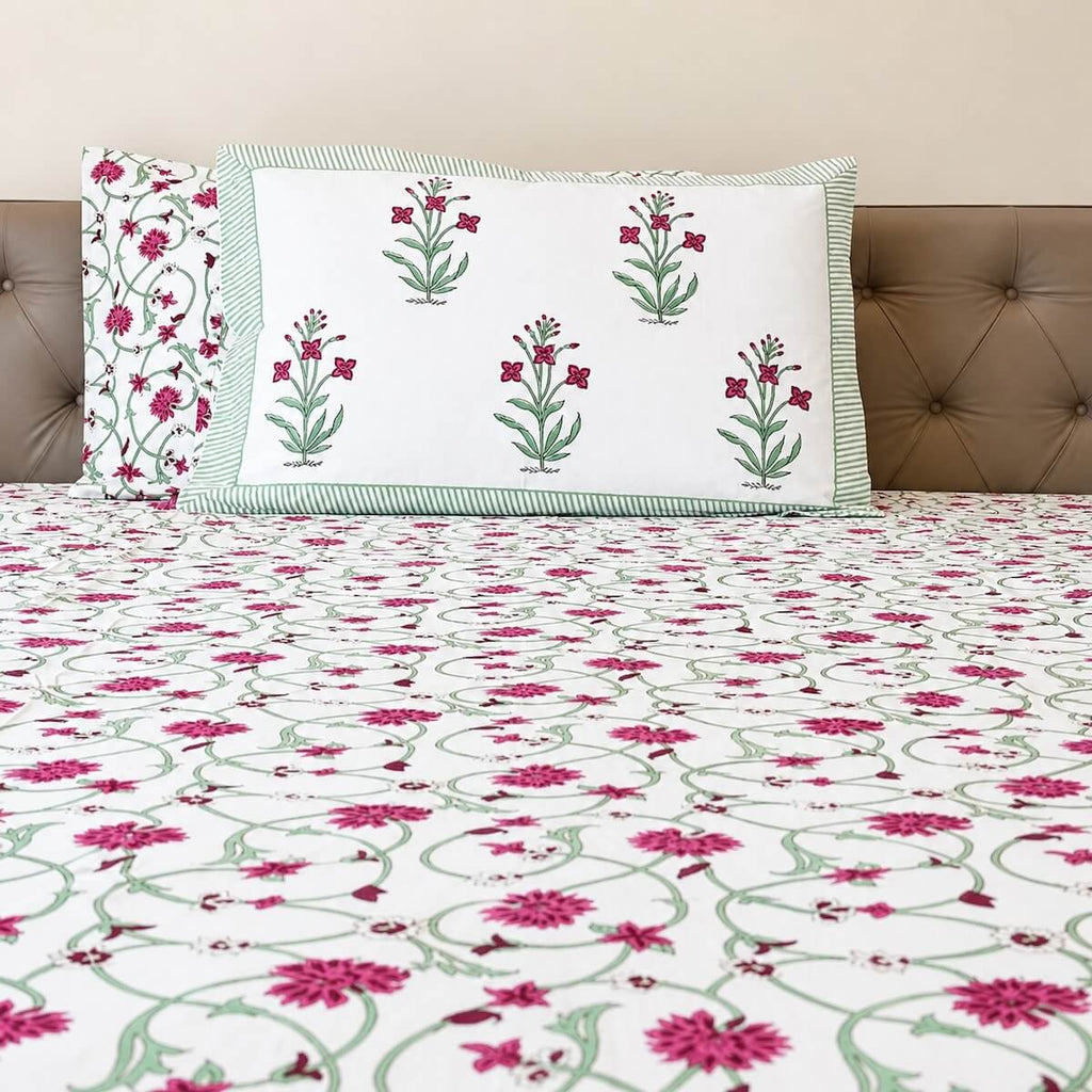 White pink jaal vine floral block print cotton king size bed sheet with pillow covers 108x108 inch