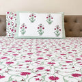 White pink jaal vine floral block print cotton king size bed sheet with pillow covers 108x108 inch