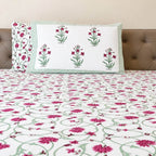 White pink jaal vine floral block print cotton king size bed sheet with pillow covers 108x108 inch