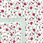 Close up of white pink jaal vine floral hand block print pattern on 100% cotton bed sheet