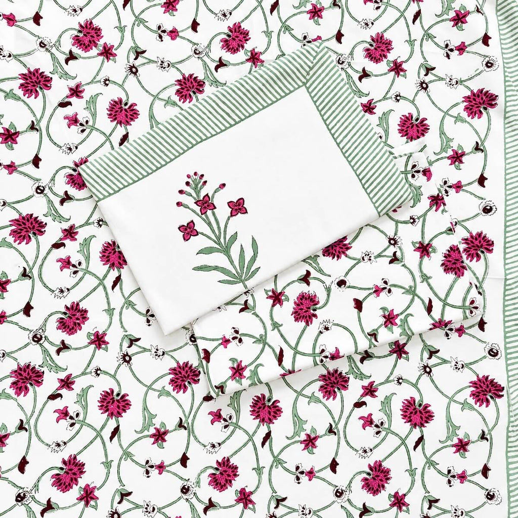 Hand block printed white pink jaal vine floral cotton king size bed sheet folded 108x108 inch