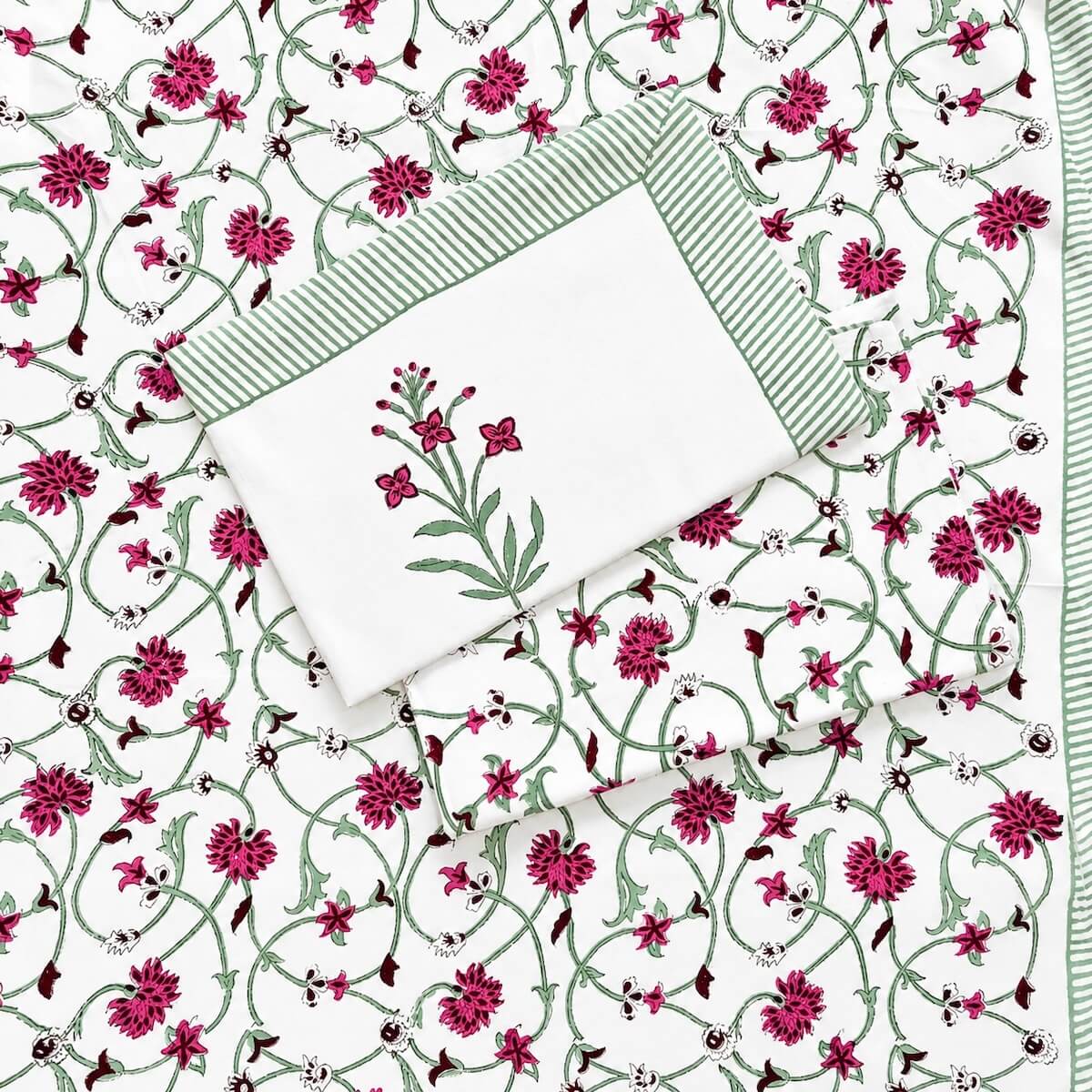 Hand block printed white pink jaal vine floral cotton king size bed sheet folded 108x108 inch