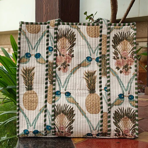 Hand Block Palm Pineapple Printed Quilted Tote Bag Offwhite Size 18"x18"