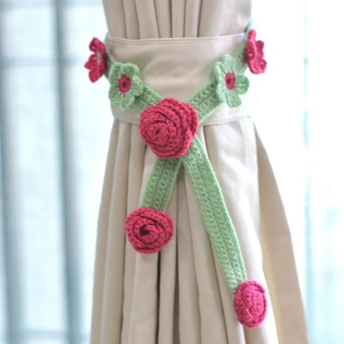 Hand Crafted Crochet Curtain Tiebacks Danglers Dk. Pink