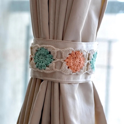 Hand Crafted Crochet Curtain Tiebacks Peach and Teal