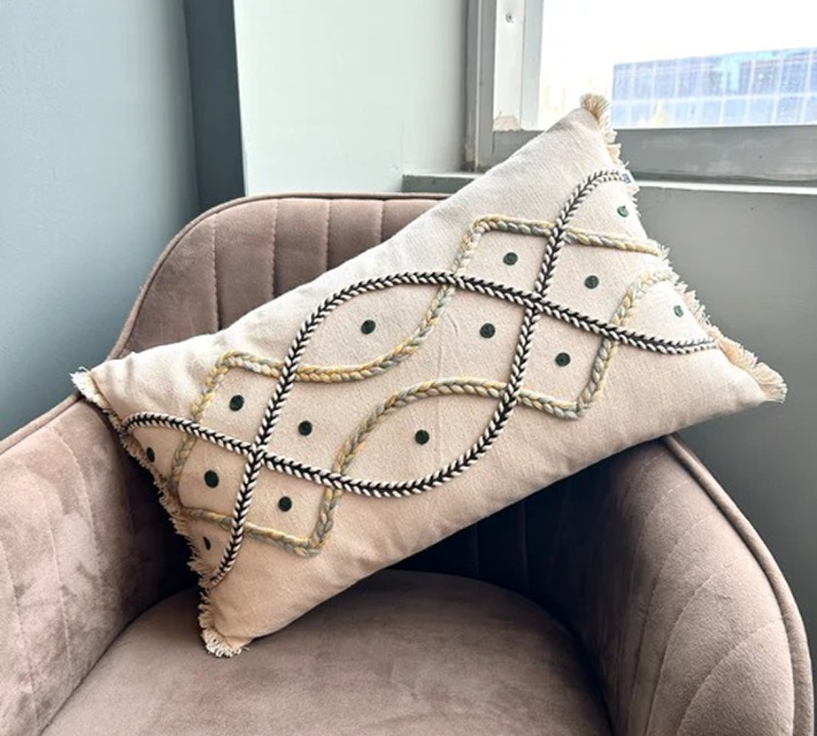Hand Embroidery Interlace Design Cream Cotton Slub Lumbar Cushion Cover Size 12"x 20"
