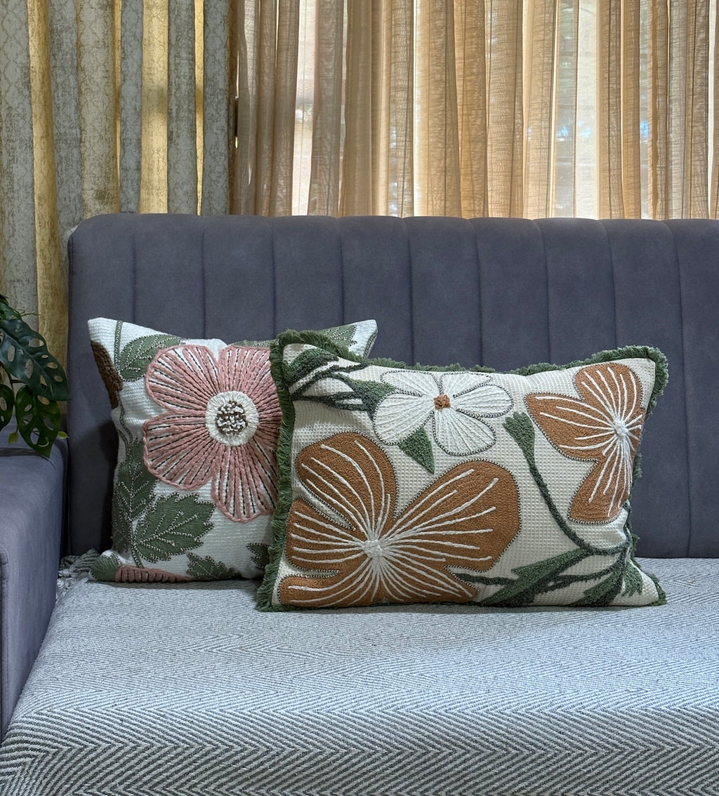 Handcrafted Decorative Blush Bloom  Multicolour Polycotton Embroidered Cushion Cover 16"x16"