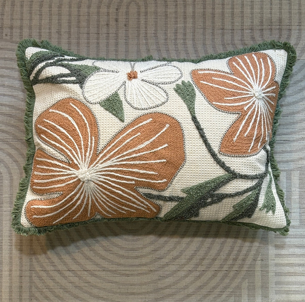 Handcrafted Decorative Embroidered Cream Polycotton Lumbar Cushion Cover with filler 14 x 20 inch