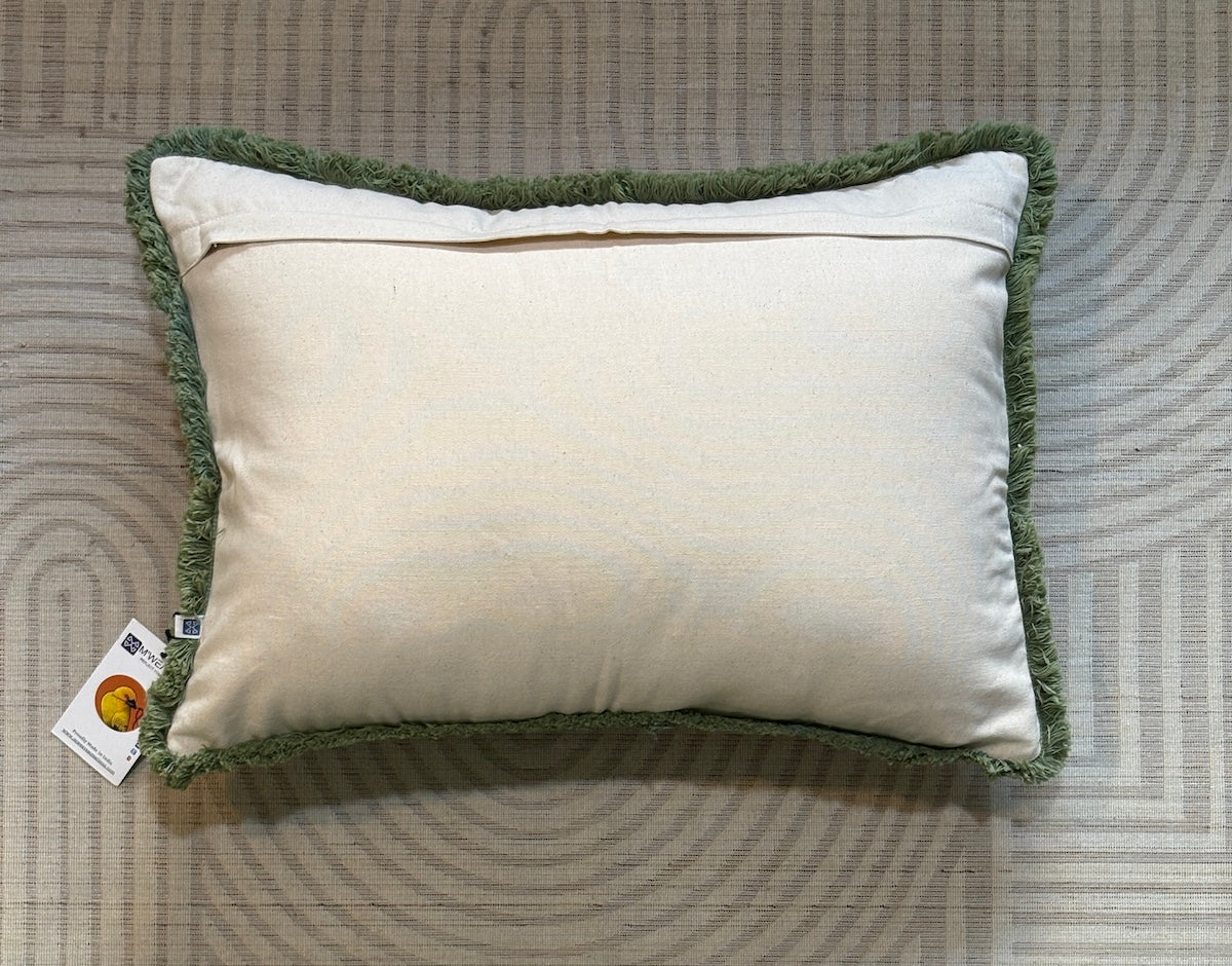 Handcrafted Decorative Embroidered Cream Polycotton Lumbar Cushion Cover with filler 14 x 20 inch