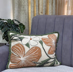 Handcrafted Decorative Embroidered Cream Polycotton Lumbar Cushion Cover with filler 14 x 20 inch