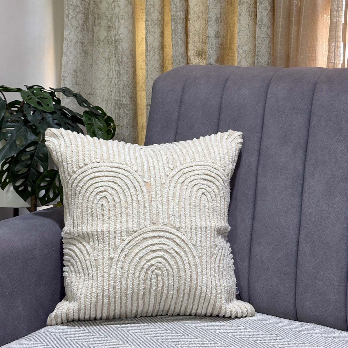 Handcrafted Designer Sandstone Arches  Offwhite Polycotton Embroidered Cushion Cover 16"x16"