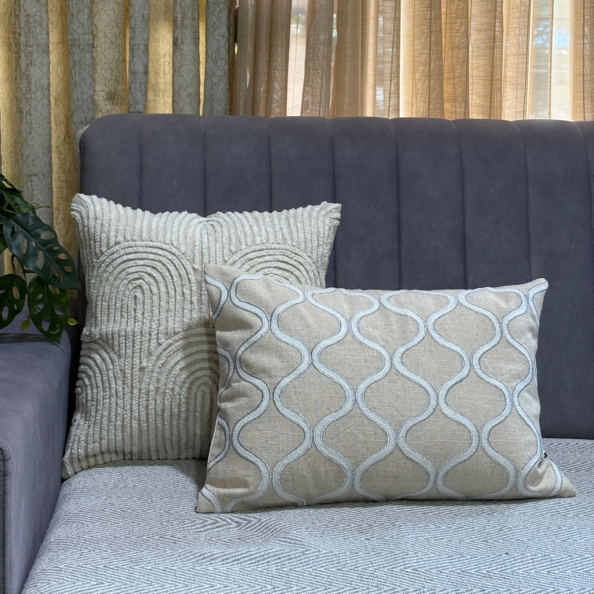 Handcrafted Designer Sandstone Arches  Offwhite Polycotton Embroidered Cushion Cover 16"x16"