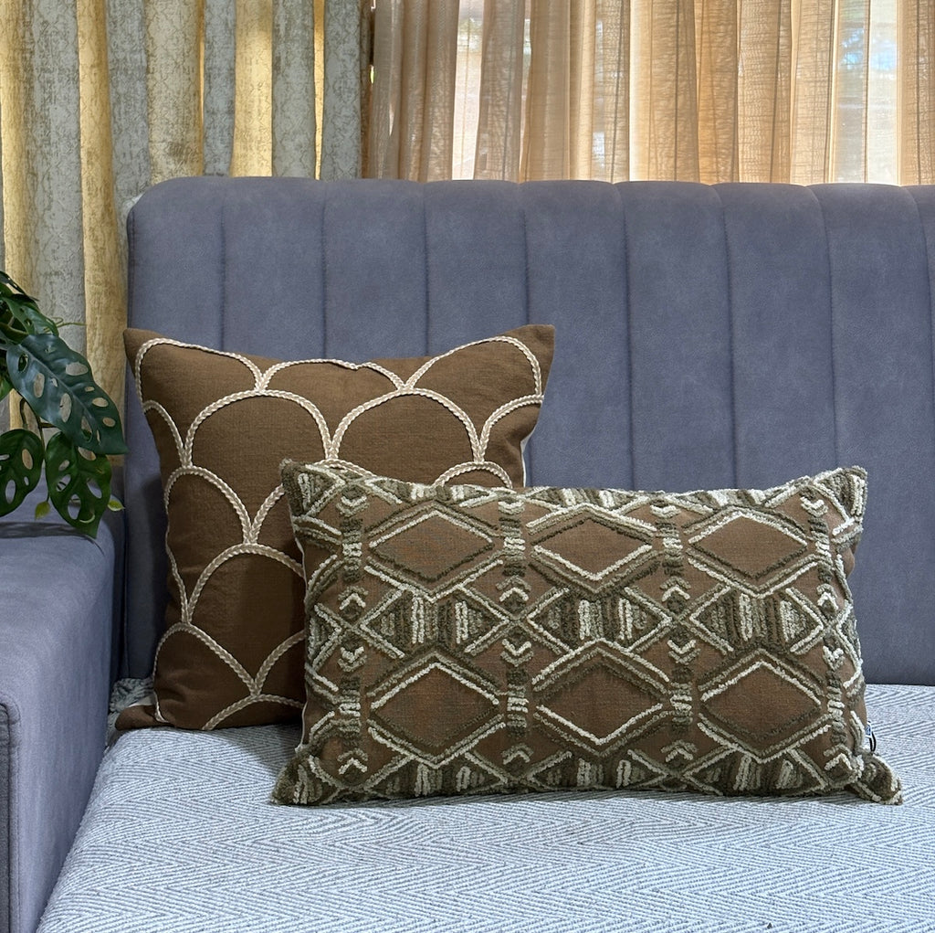 Handcrafted Minimal Arch Line  Brown Polycotton Embroidered Cushion Cover 16"x16"