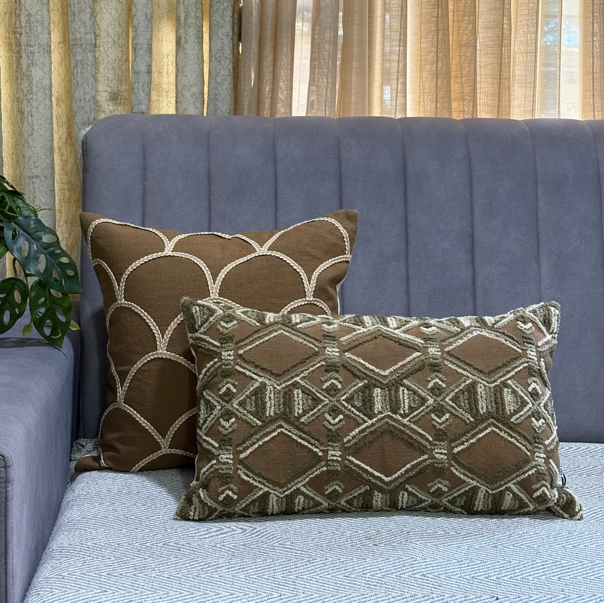 Handcrafted Minimal Arch Line  Brown Polycotton Embroidered Cushion Cover 16"x16"
