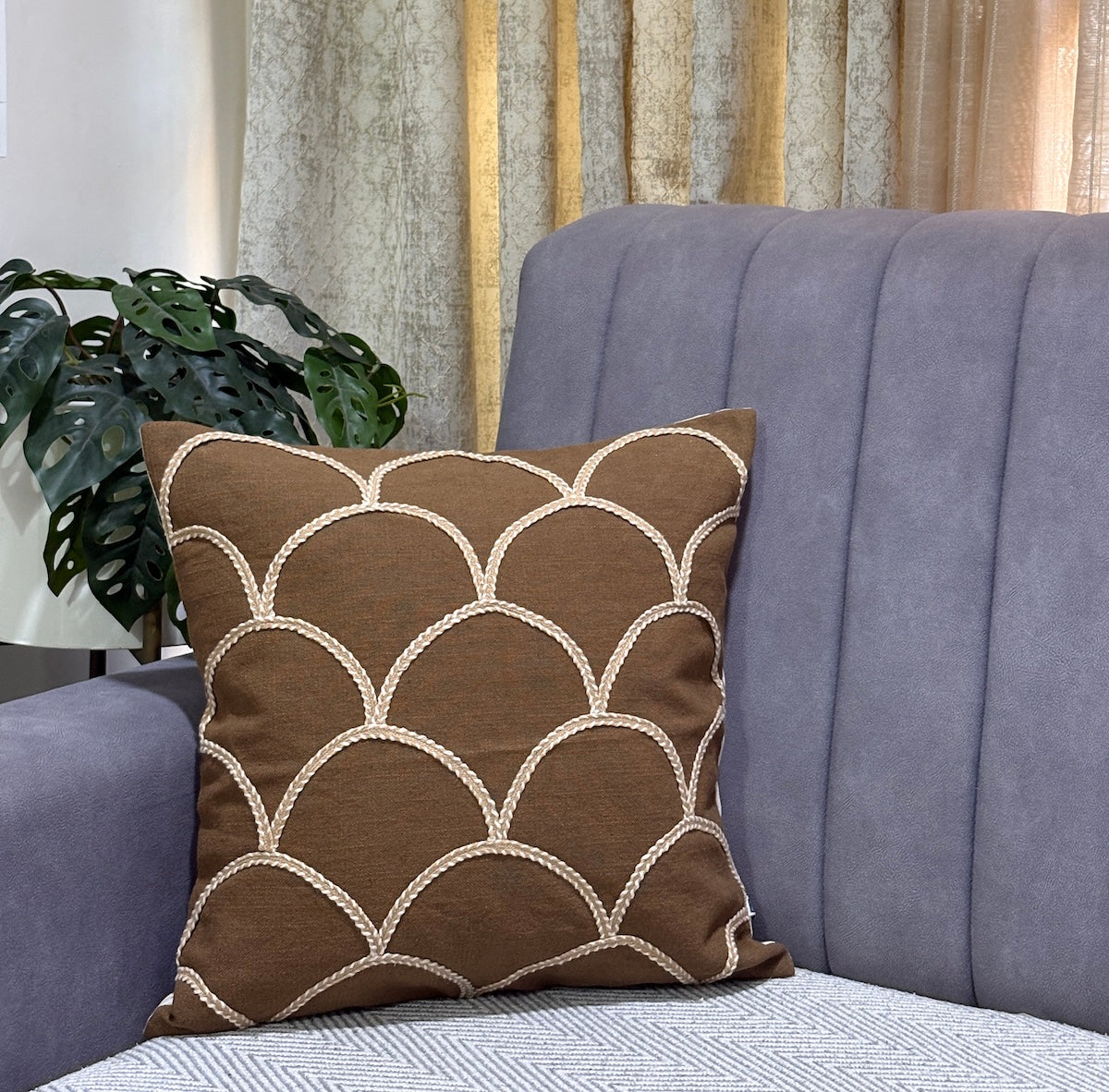 Handcrafted Minimal Arch Line  Brown Polycotton Embroidered Cushion Cover 16"x16"