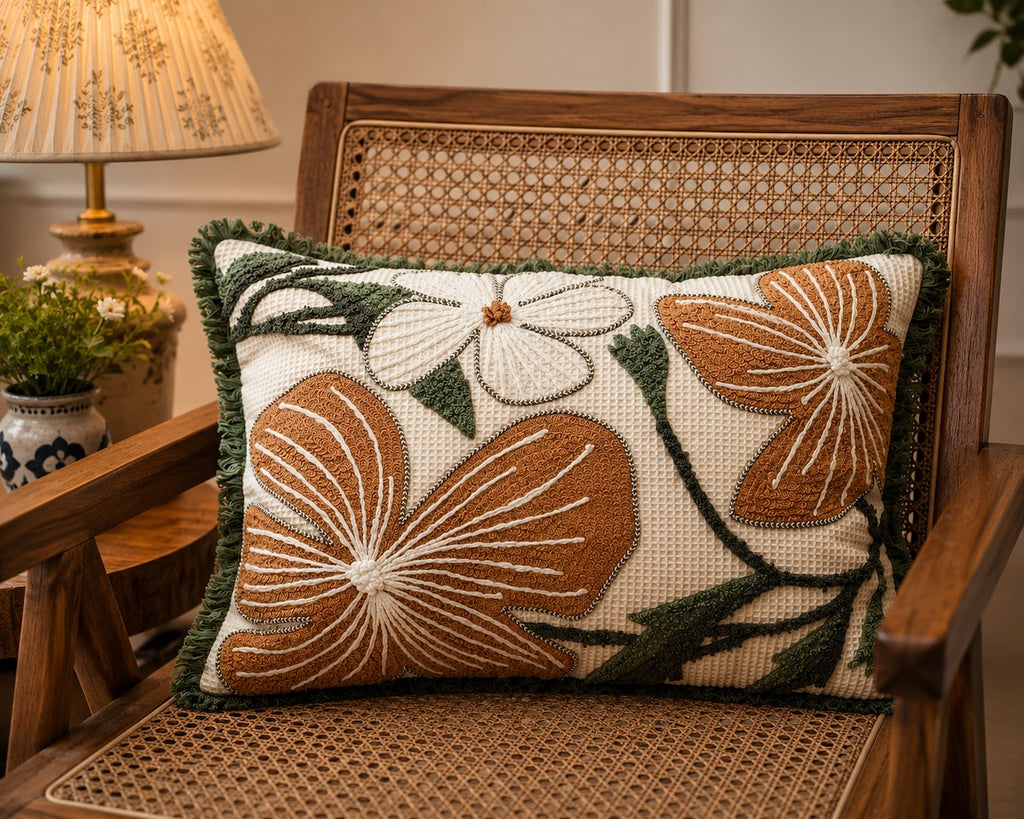 Handcrafted Decorative Embroidered Cream Polycotton Lumbar Cushion Cover with filler 14 x 20 inch