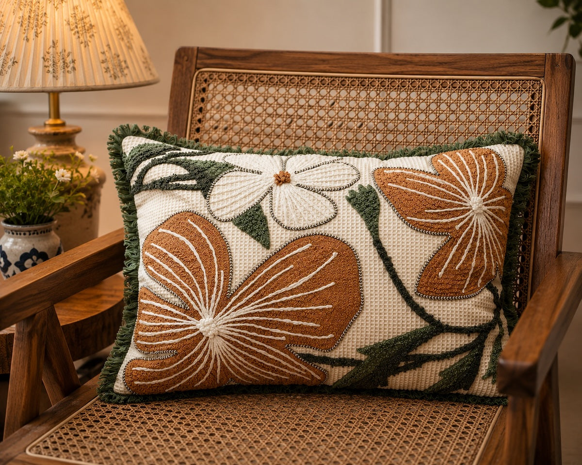 Handcrafted Decorative Embroidered Cream Polycotton Lumbar Cushion Cover with filler 14 x 20 inch