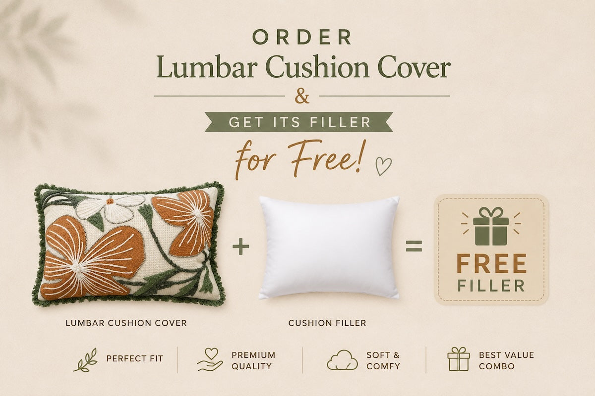 Handcrafted Decorative Embroidered Cream Polycotton Lumbar Cushion Cover with filler 14 x 20 inch