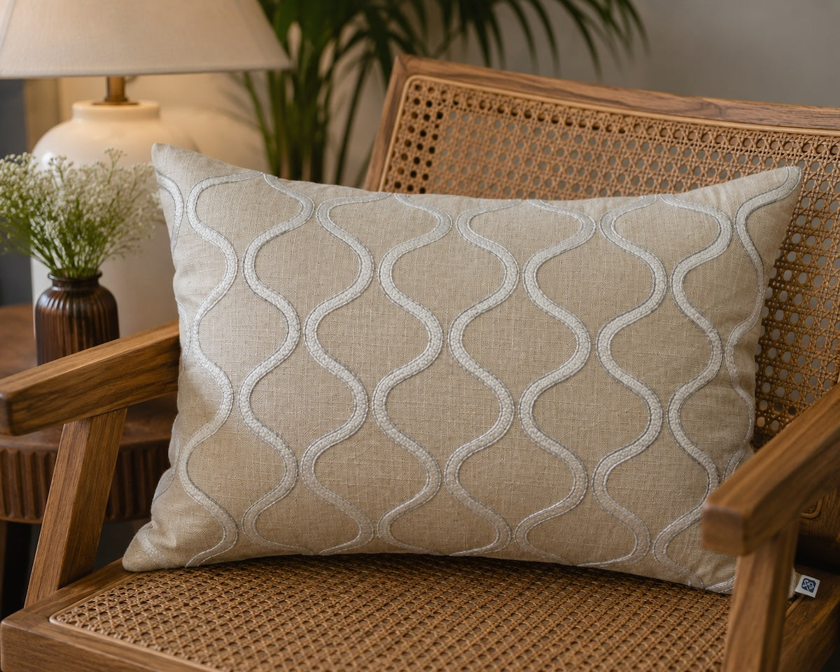 Handcrafted Decorative Embroidered Cream Polycotton Lumbar Cushion Cover with filler 14 x 20 inch
