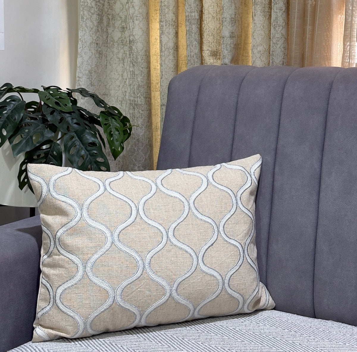 Handcrafted Decorative Embroidered Cream Polycotton Lumbar Cushion Cover with filler 14 x 20 inch