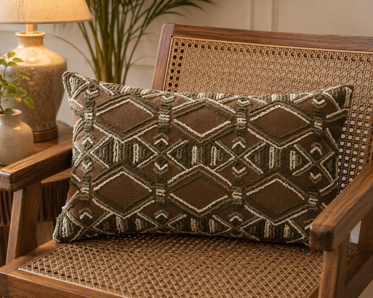 Handcrafted Decorative Embroidered Brown Polycotton Lumbar Cushion Cover with filler 12 x 20 inch