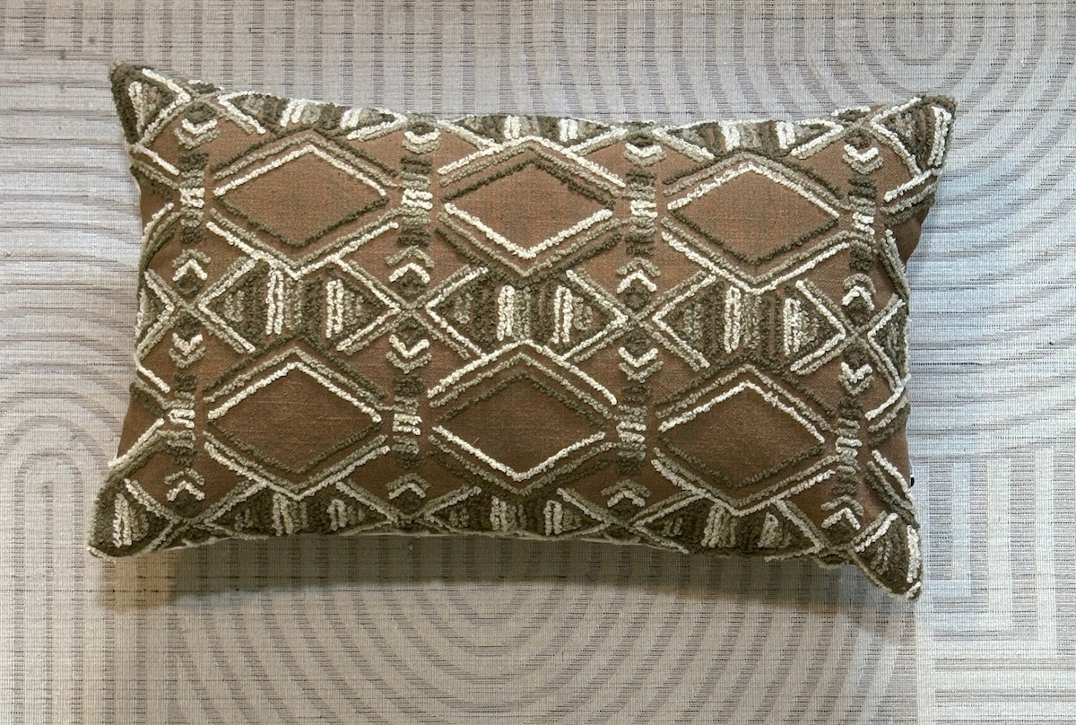 Handcrafted Decorative Embroidered Brown Polycotton Lumbar Cushion Cover with filler 12 x 20 inch