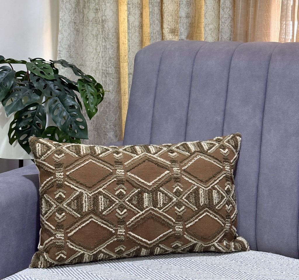 Handcrafted Decorative Embroidered Brown Polycotton Lumbar Cushion Cover with filler 12 x 20 inch