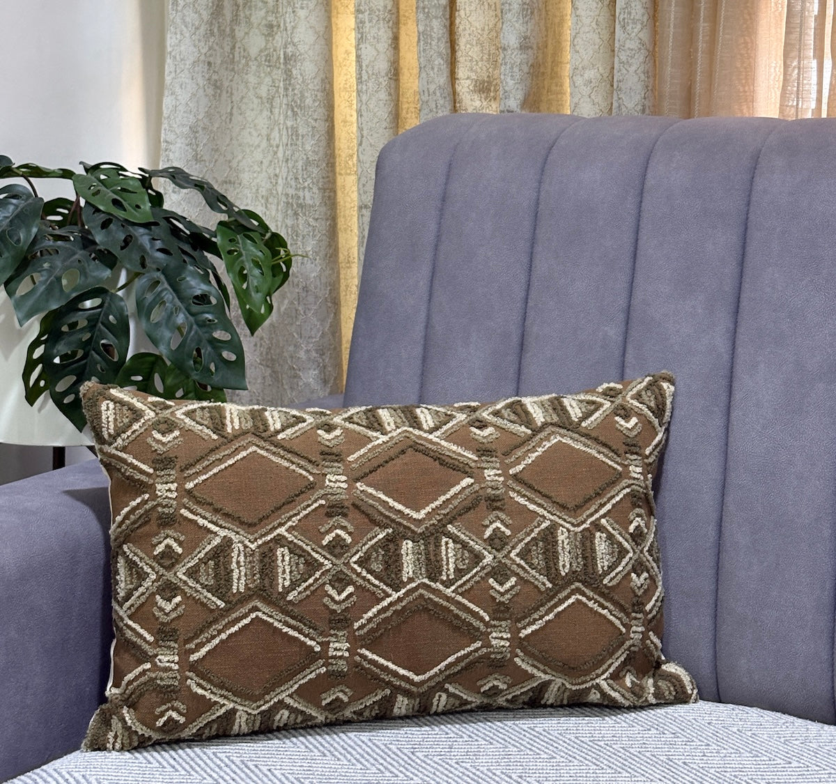 Handcrafted Decorative Embroidered Brown Polycotton Lumbar Cushion Cover with filler 12 x 20 inch