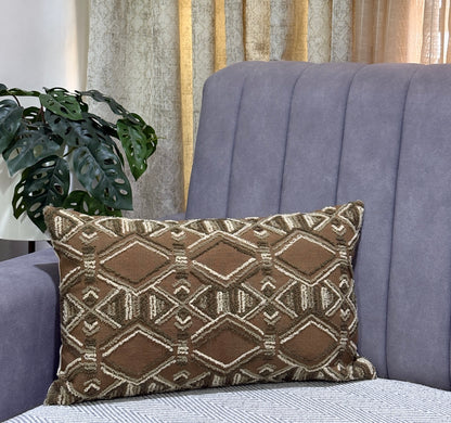 Handcrafted Minimal Urban Geometry  Brown Polycotton Embroidered Lumbar Cushion Cover 12"x20"