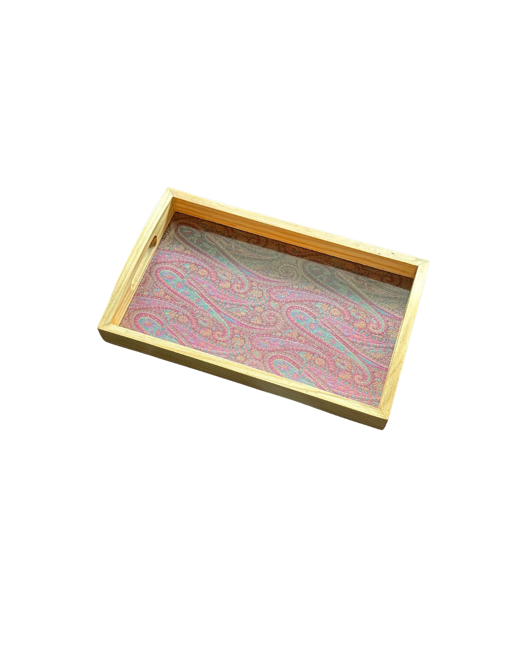 Handcrafted Traditional Festive Gul Ambi Brocade Upcycled Fabric Wooden Rectangular Tray – 14" x 8.5"