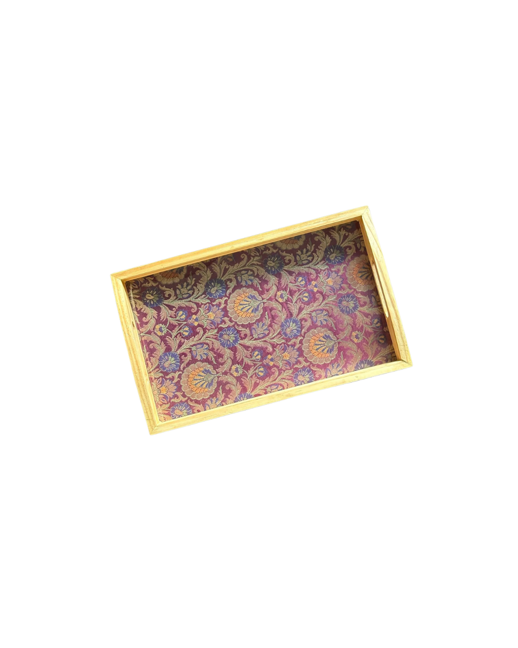 Handcrafted Traditional Festive Rajwada Resham Brocade Upcycled Fabric Wooden Rectangular Tray – 14" x 8.5"