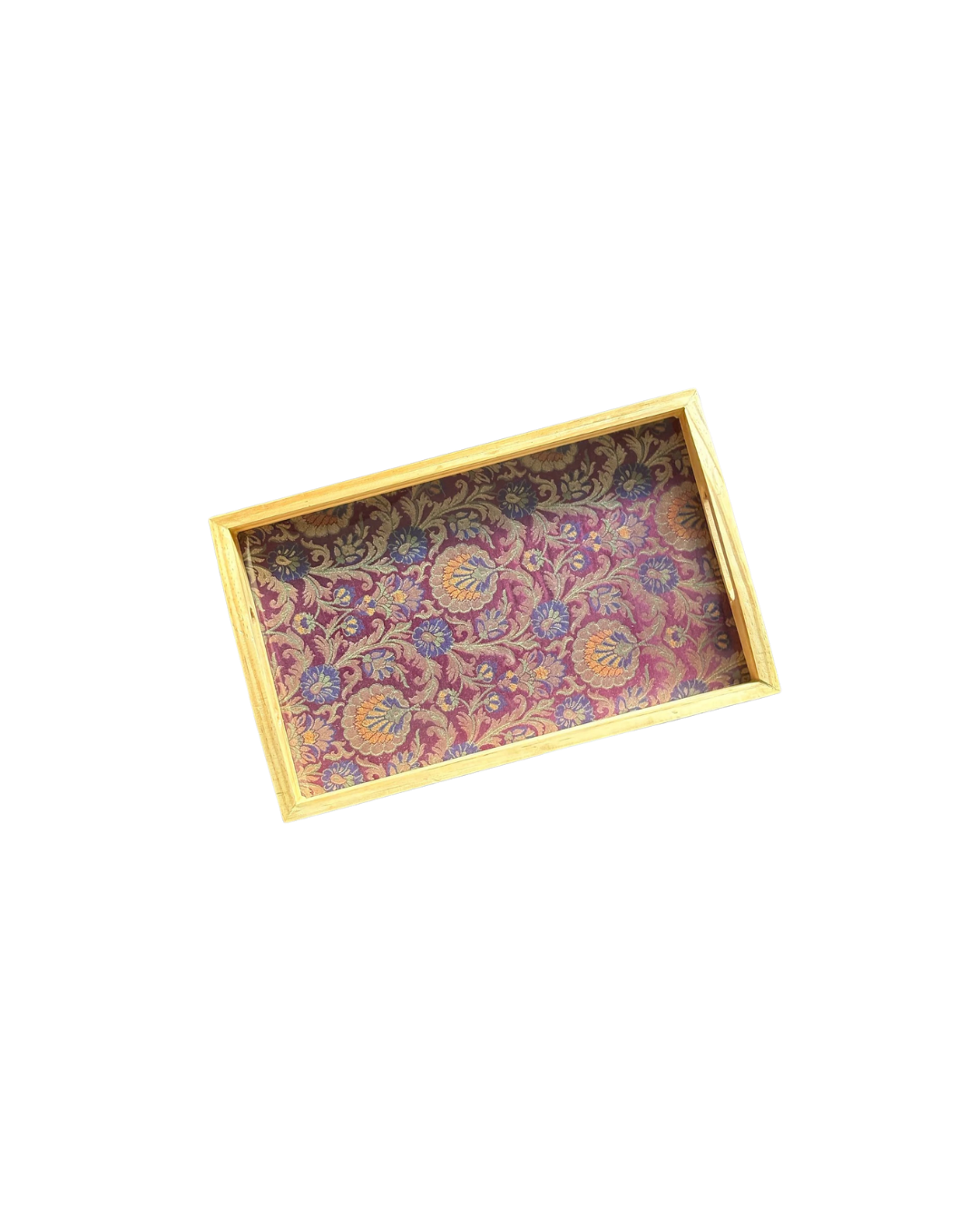 Handcrafted Traditional Festive Rajwada Resham Brocade Upcycled Fabric Wooden Rectangular Tray – 14" x 8.5"