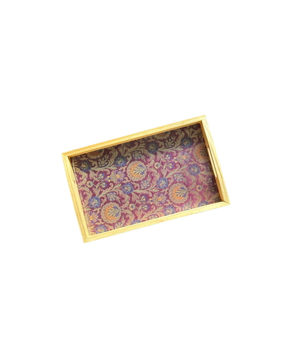 Handcrafted Traditional Festive Rajwada Resham Brocade Upcycled Fabric Wooden Rectangular Tray – 14" x 8.5"