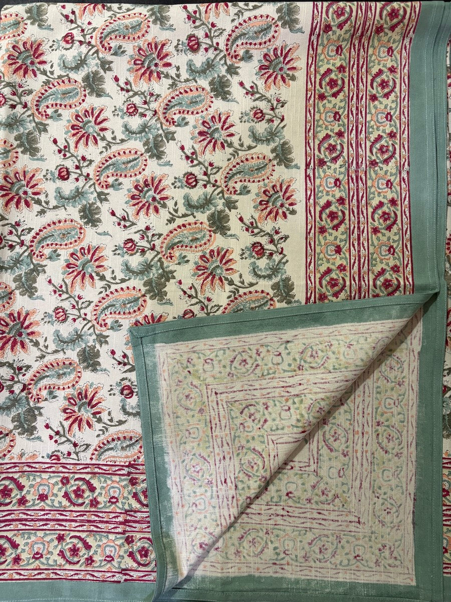 Hari Madhuban Jaal Jaipur - Hand Block - Printed - 100% Cotton -  Table Cover -6 Seater White-Sea Green 60" x 90"