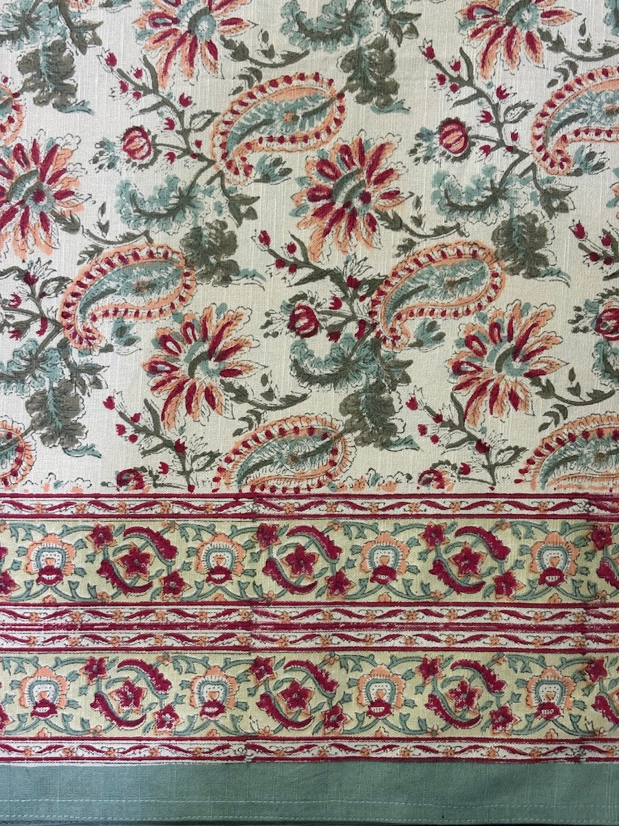 Hari Madhuban Jaal Jaipur - Hand Block - Printed - 100% Cotton -  Table Cover -6 Seater White-Sea Green 60" x 90"
