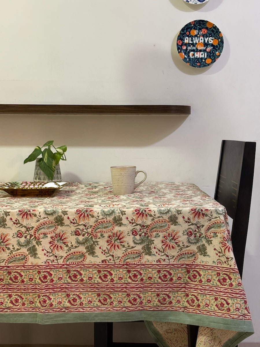 Hari Madhuban Jaal Jaipur - Hand Block - Printed - 100% Cotton -  Table Cover -6 Seater White-Sea Green 60" x 90"