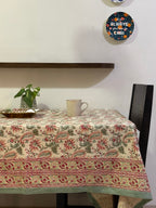 Hari Madhuban Jaal Jaipur - Hand Block - Printed - 100% Cotton -  Table Cover -6 Seater White-Sea Green 60" x 90"