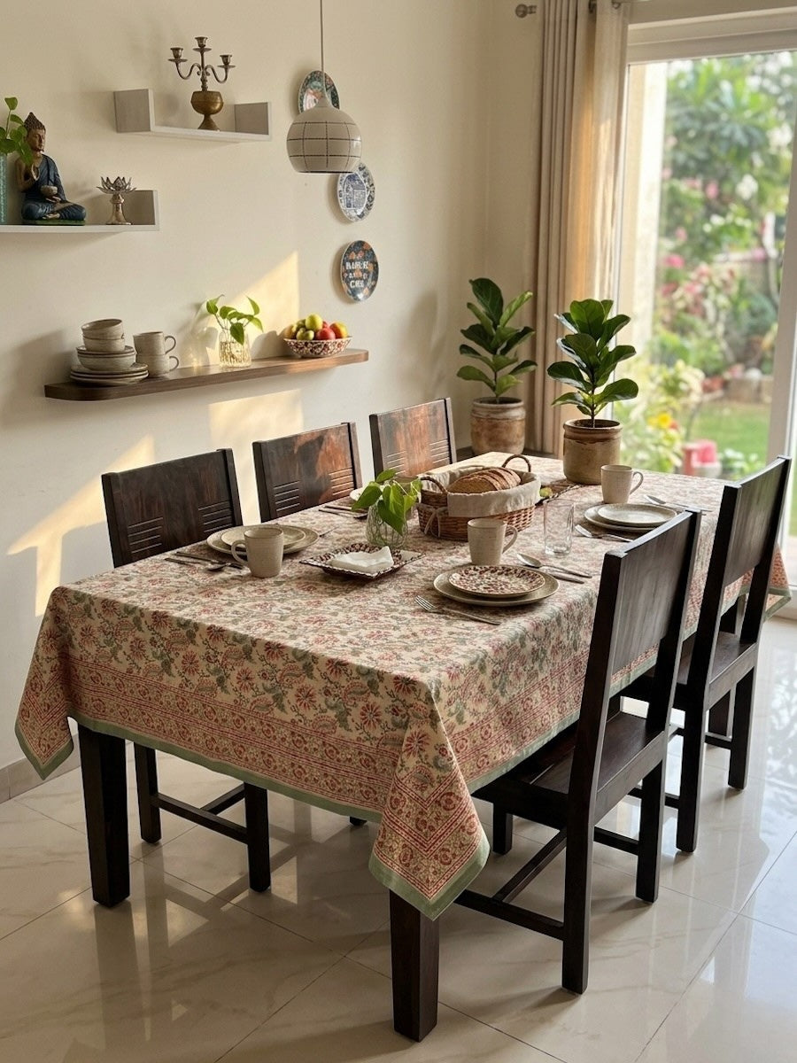 Hari Madhuban Jaal Jaipur - Hand Block - Printed - 100% Cotton -  Table Cover -6 Seater White-Sea Green 60" x 90"