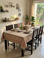 Hari Madhuban Jaal Jaipur - Hand Block - Printed - 100% Cotton -  Table Cover -6 Seater White-Sea Green 60" x 90"