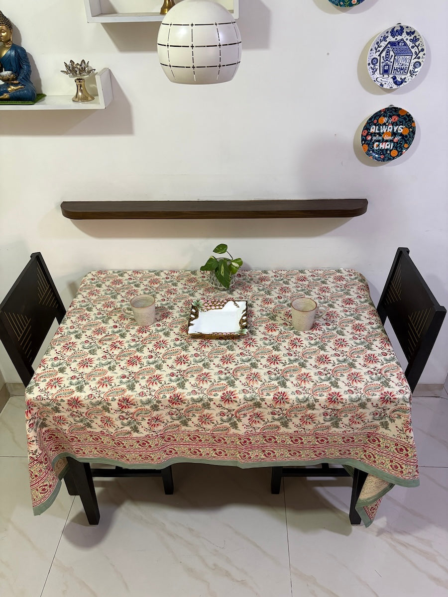 Hari Madhuban Jaal Jaipur - Hand Block - Printed - 100% Cotton -  Table Cover -6 Seater White-Sea Green 60" x 90"