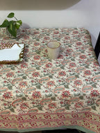 Hari Madhuban Jaal Jaipur - Hand Block - Printed - 100% Cotton -  Table Cover -6 Seater White-Sea Green 60" x 90"