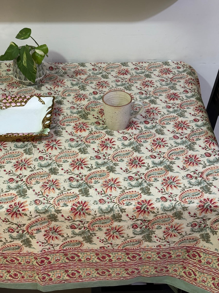 Hari Madhuban Jaal Jaipur - Hand Block - Printed - 100% Cotton -  Table Cover -6 Seater White-Sea Green 60" x 90"