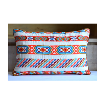 Handcrafted Decorative Embroidered Multicolour Cotton Lumbar Cushion Cover with filler 12 x 18 inch