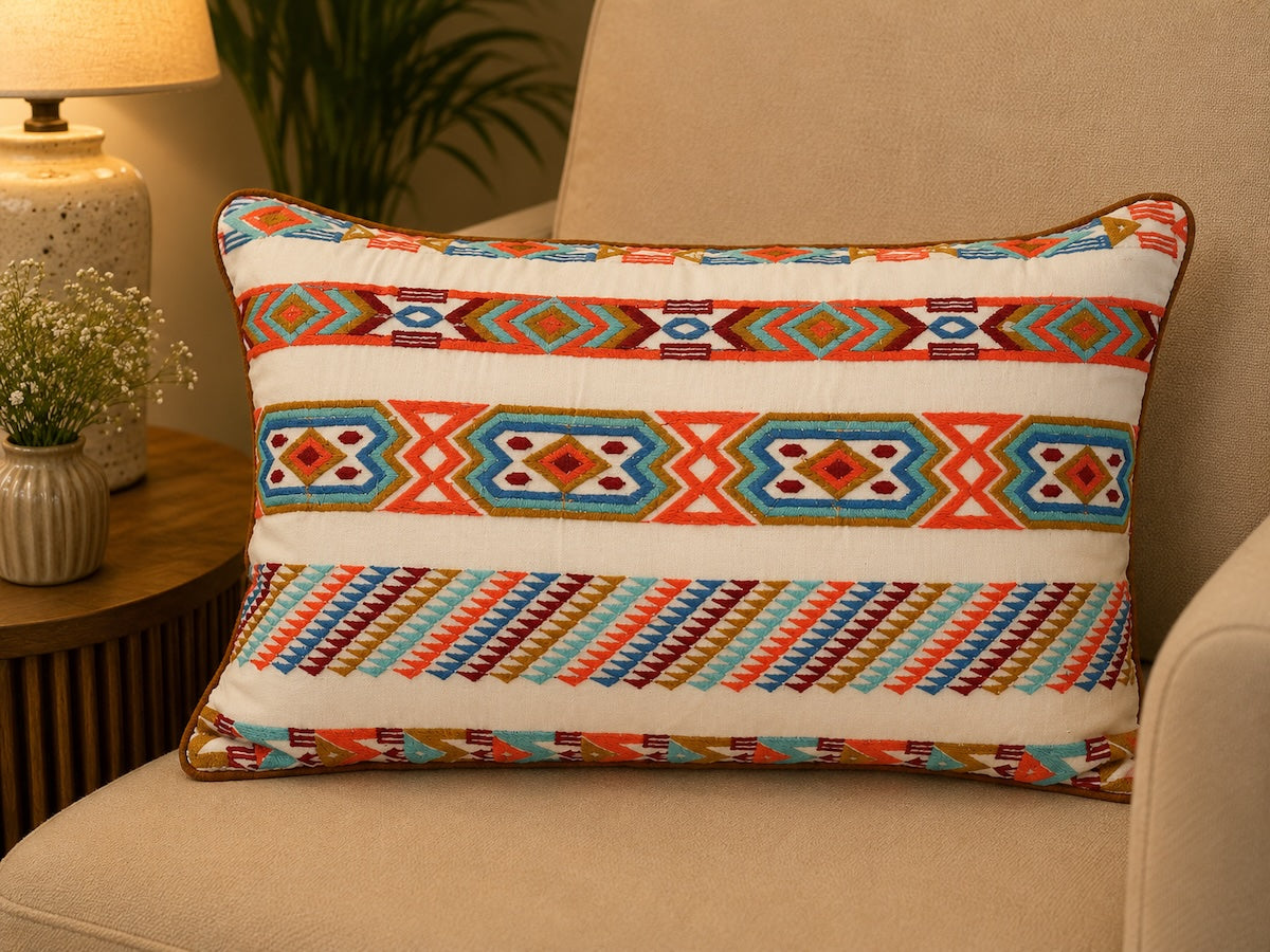 Handcrafted Decorative Embroidered Multicolour Cotton Lumbar Cushion Cover with filler 12 x 18 inch