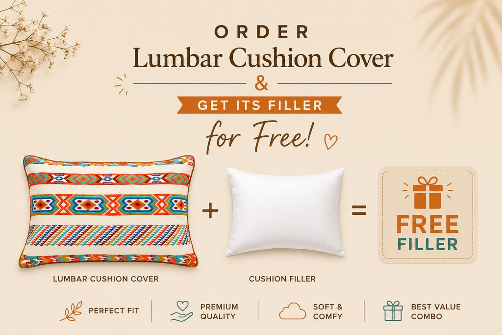 Handcrafted Decorative Embroidered Multicolour Cotton Lumbar Cushion Cover with filler 12 x 18 inch