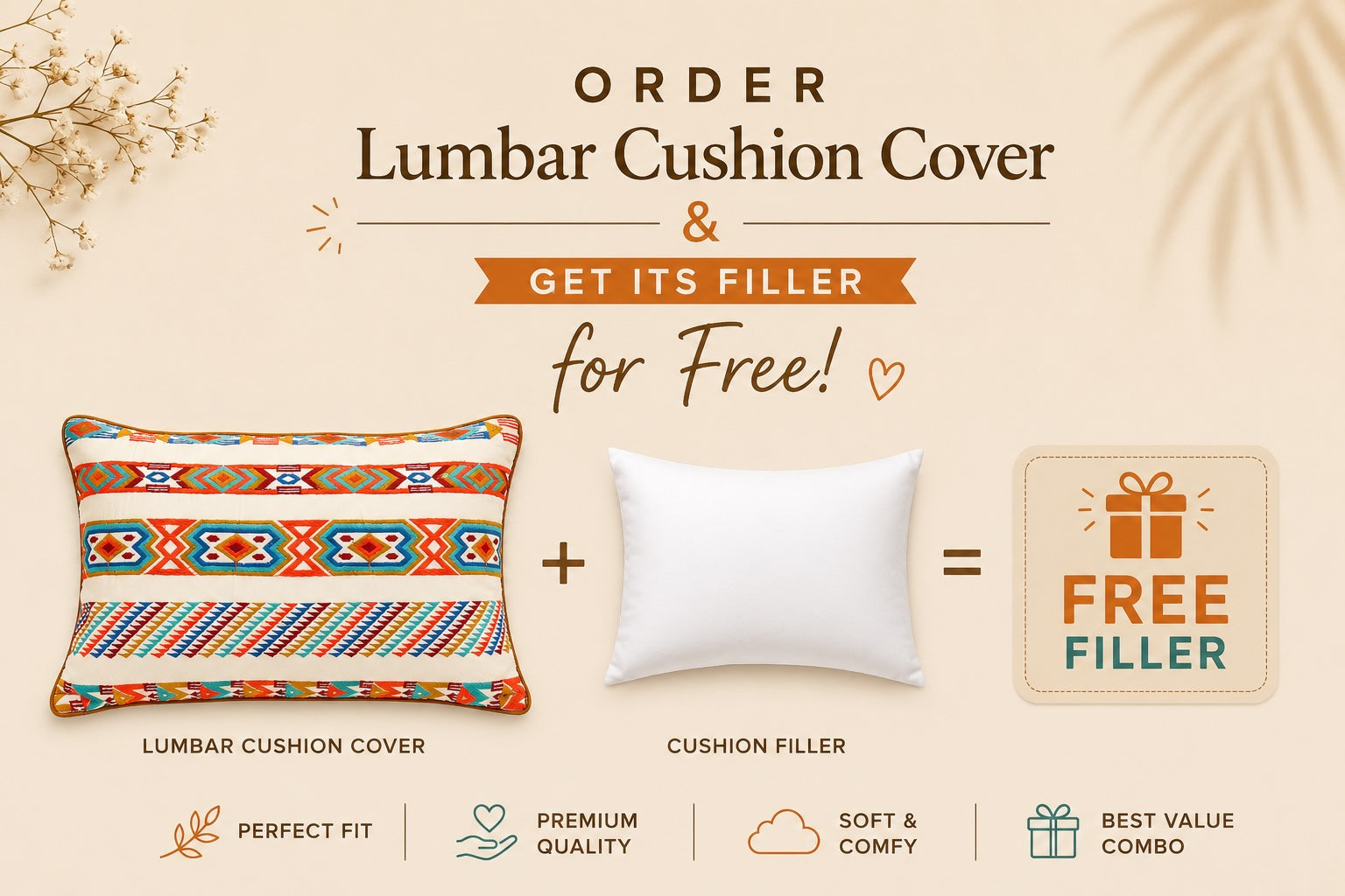 Handcrafted Decorative Embroidered Multicolour Cotton Lumbar Cushion Cover with filler 12 x 18 inch