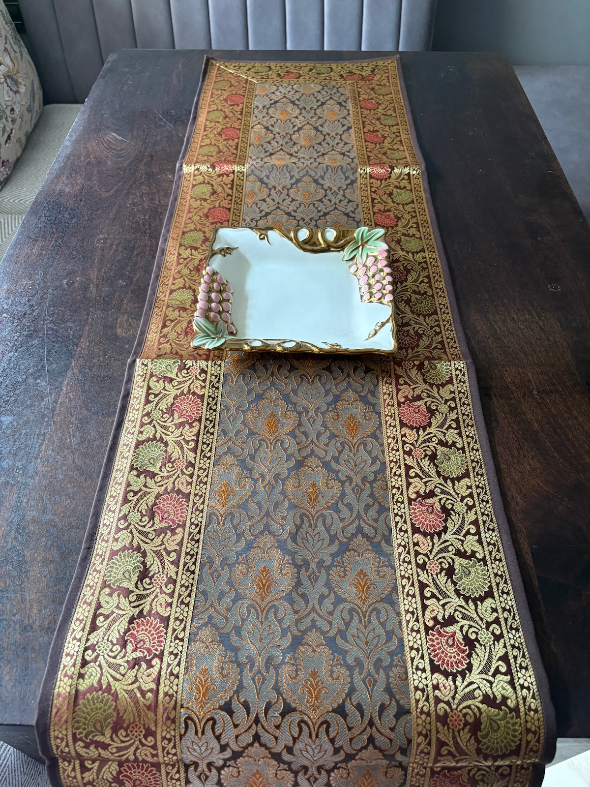 Heritage Banarasi Motif Traditional Festive Coffee Brown Table Runner 14"x60"